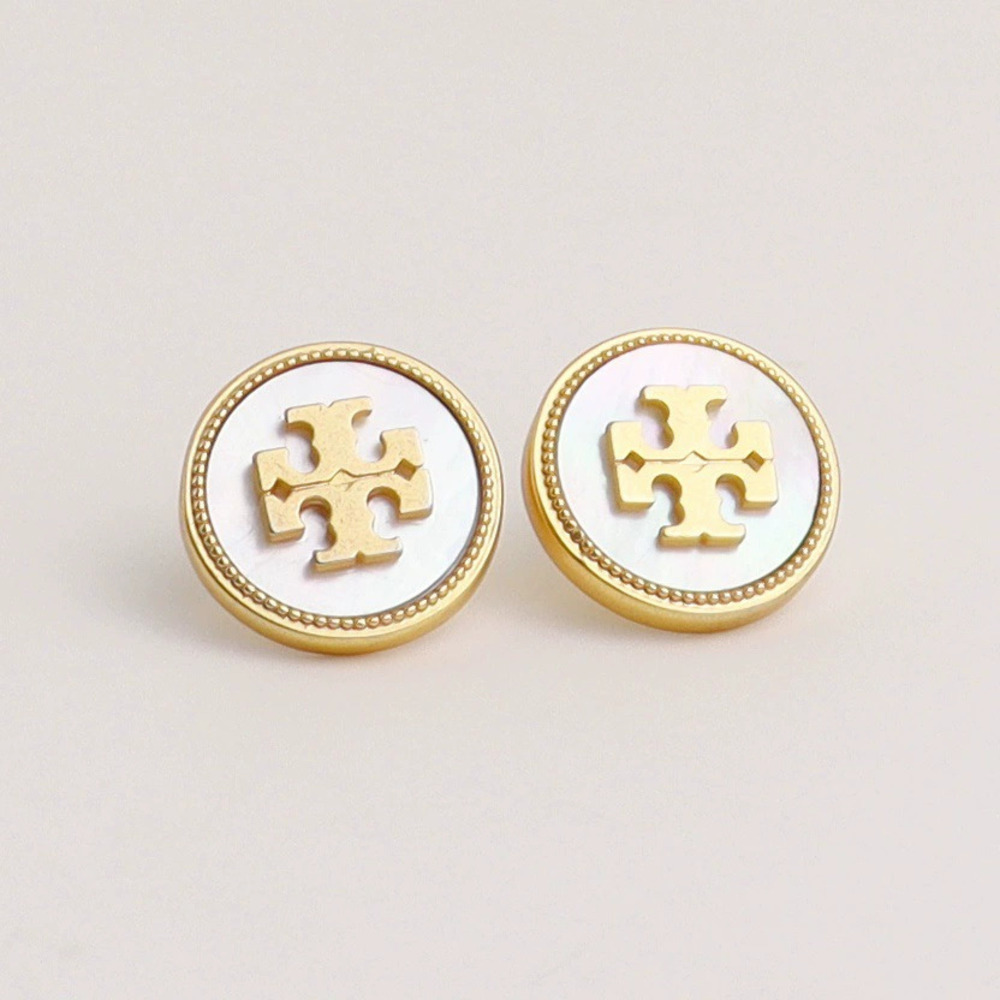Tory Burch Stud Hoop Earrings Mother of Pearl Resin Lapis Lazuli Logo